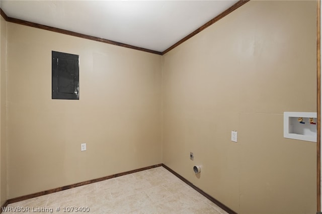 laundry room with washer hookup, ornamental molding, and electric panel