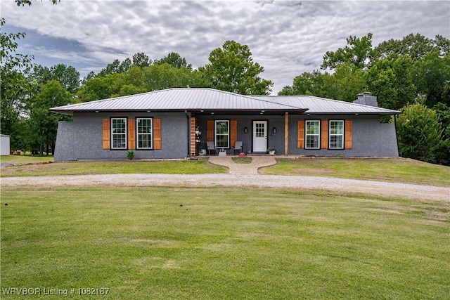 14008 White Bluff Rd, Fort Smith, AR 72916 - view of front of house with covered porch, a front yard, stucco siding, and a metal roof