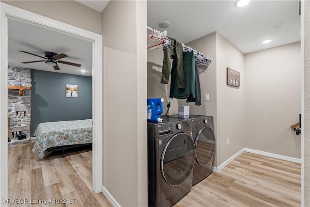 14008 White Bluff Rd, Fort Smith, AR 72916 - laundry room featuring independent washer and dryer, wood finished floors, ceiling fan, and recessed lighting