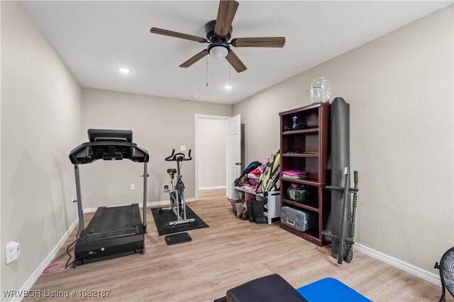 14008 White Bluff Rd, Fort Smith, AR 72916 - workout area with wood finished floors, ceiling fan, and recessed lighting