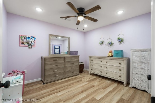 14008 White Bluff Rd, Fort Smith, AR 72916 - bedroom with light wood-style floors, ceiling fan, and recessed lighting