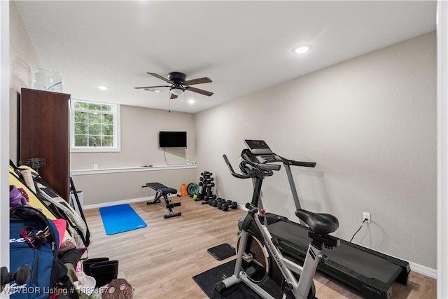 14008 White Bluff Rd, Fort Smith, AR 72916 - workout room featuring a ceiling fan, wood finished floors, and recessed lighting