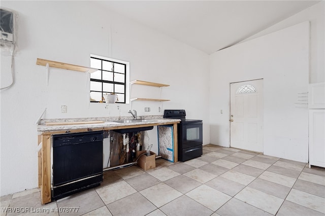 kitchen with light tile patterned floors, high vaulted ceiling, sink, and black appliances