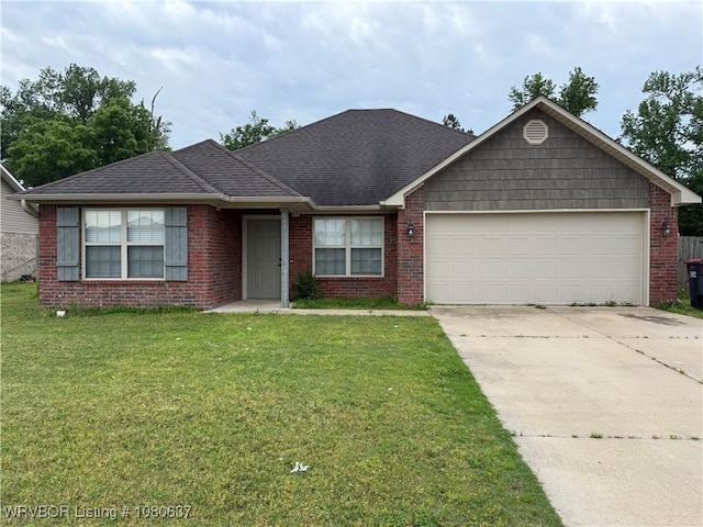ranch-style house with concrete driveway, an attached garage, brick siding, and a front yard