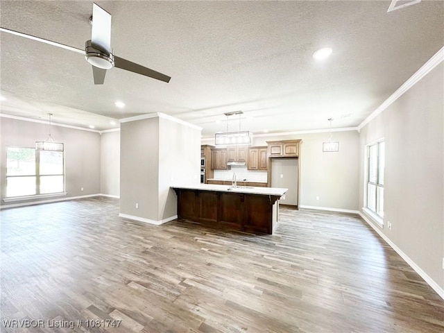2060 W Breckenridge St, Sallisaw, OK 74955 - kitchen featuring ornamental molding, healthy amount of natural light, open floor plan, light wood-style floors, and a textured ceiling