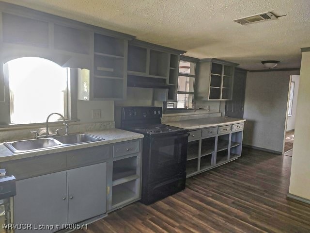 kitchen featuring electric range, visible vents, open shelves, and a sink