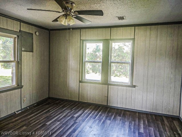 spare room featuring wood walls, dark wood-type flooring, and plenty of natural light