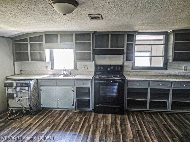 kitchen with a sink, open shelves, electric range, and visible vents