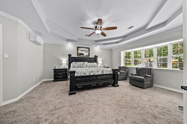 9301 Canopy Oaks Dr, Fort Smith, AR 72903 - bedroom featuring a raised ceiling, an AC wall unit, carpet floors, ceiling fan, and crown molding