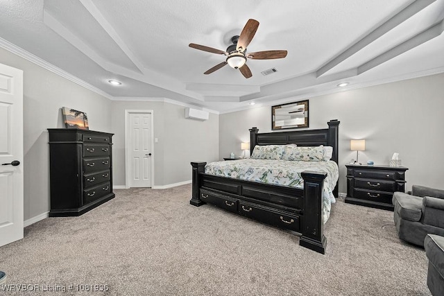 9301 Canopy Oaks Dr, Fort Smith, AR 72903 - carpeted bedroom with a tray ceiling, a wall mounted air conditioner, recessed lighting, a ceiling fan, and ornamental molding