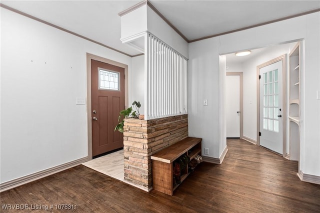 foyer featuring crown molding and dark wood-type flooring