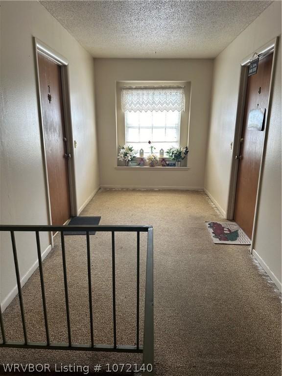 interior space with light colored carpet and a textured ceiling