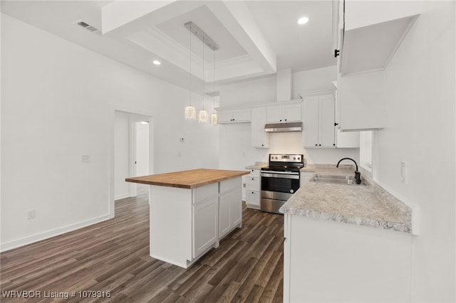 kitchen with butcher block counters, a sink, visible vents, stainless steel electric stove, and a raised ceiling