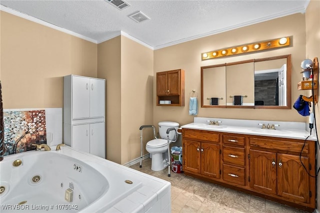 bathroom featuring vanity, a textured ceiling, a relaxing tiled tub, and crown molding