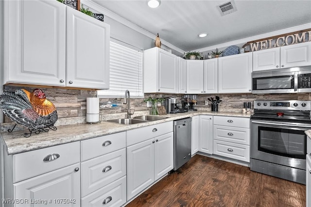 kitchen featuring white cabinets, dark hardwood / wood-style flooring, sink, and appliances with stainless steel finishes