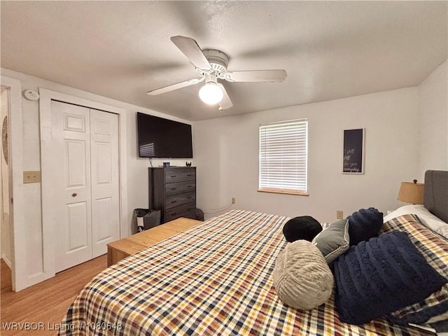 4245 W Piney Mountain Rd, Waldron, AR 72958 - bedroom with a closet, a ceiling fan, and light wood finished floors