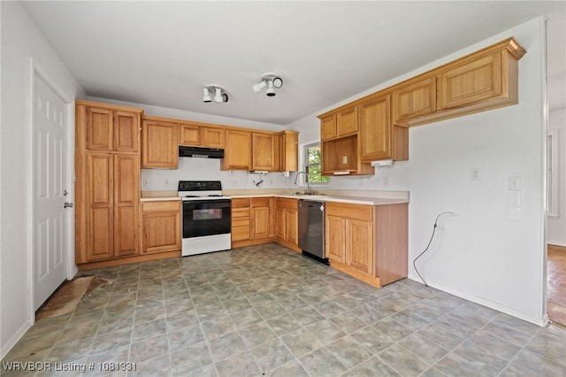 505 7th St, Barling, AR 72923 - kitchen featuring range with electric cooktop, under cabinet range hood, stainless steel dishwasher, a sink, and light countertops