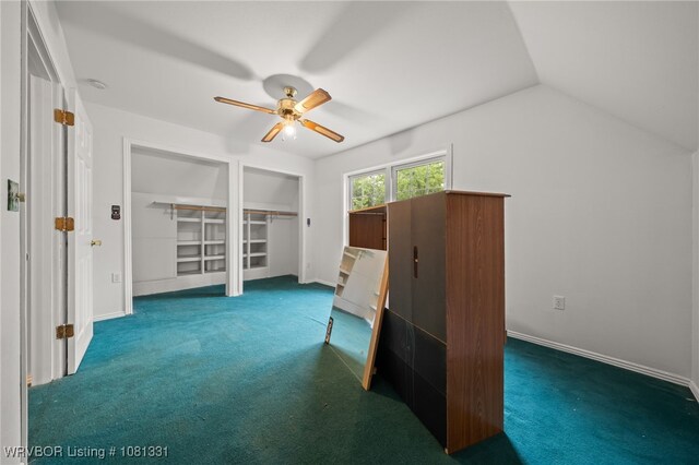 505 7th St, Barling, AR 72923 - additional living space featuring carpet, a ceiling fan, baseboards, and vaulted ceiling