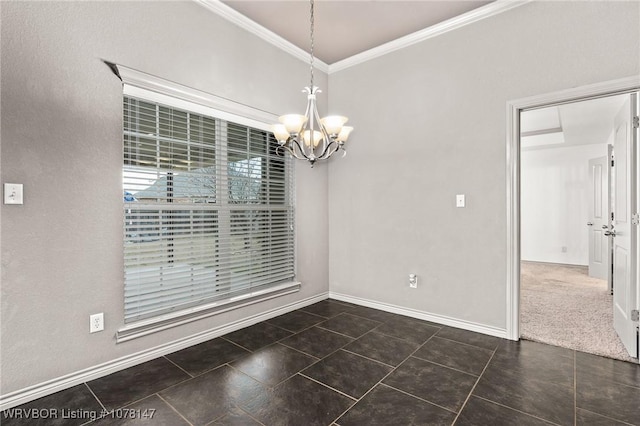 unfurnished dining area featuring ornamental molding and an inviting chandelier