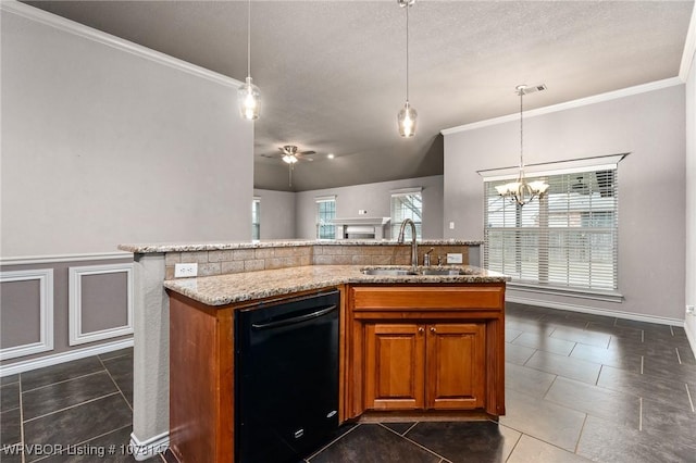 kitchen featuring sink, pendant lighting, a center island with sink, an inviting chandelier, and black dishwasher