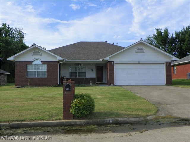 306 Crestview Dr, Van Buren, AR 72956 - ranch-style house featuring driveway, a garage, brick siding, a front yard, and roof with shingles