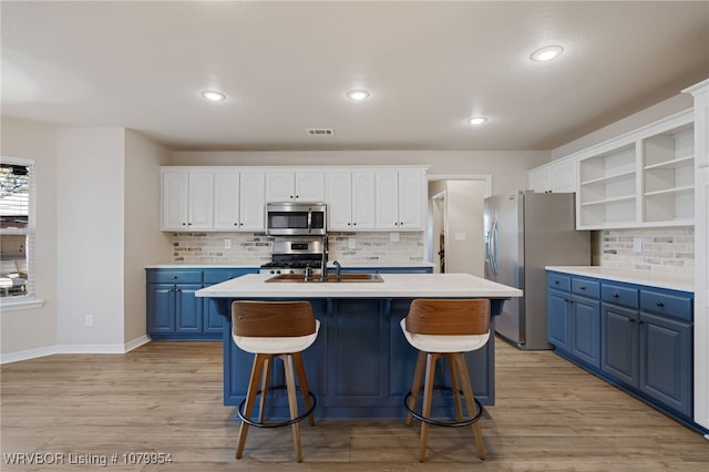 kitchen with white cabinetry, open shelves, stainless steel appliances, and blue cabinetry