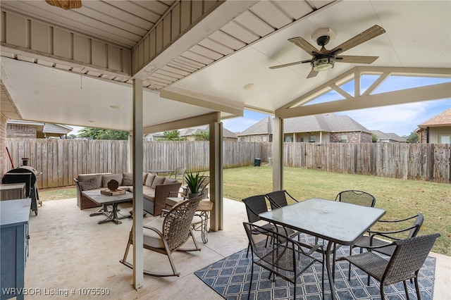 view of patio / terrace featuring ceiling fan and an outdoor hangout area