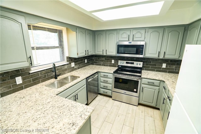 8617 S 15th St, Fort Smith, AR 72908 - kitchen with appliances with stainless steel finishes, tasteful backsplash, green cabinetry, and a skylight