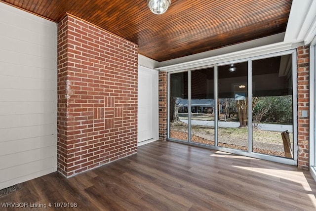 interior space featuring wood ceiling, visible vents, and dark wood finished floors