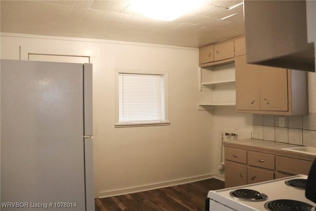 kitchen with tasteful backsplash, dark hardwood / wood-style flooring, and white appliances