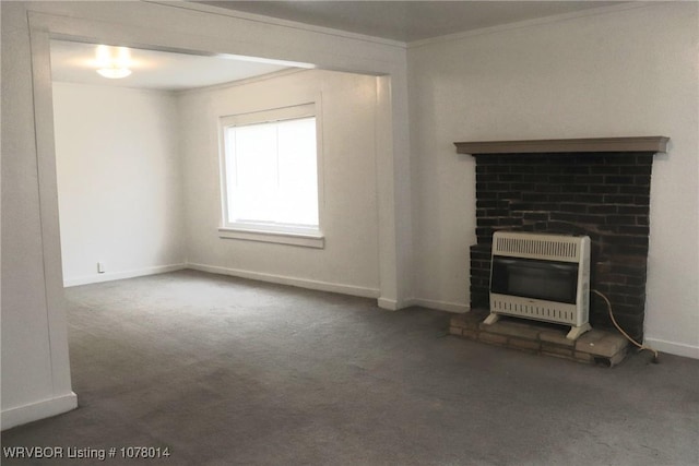 unfurnished living room with crown molding, dark carpet, and heating unit