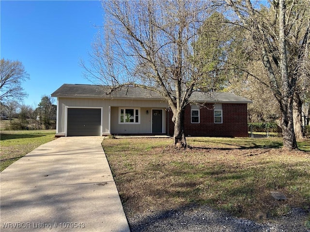 ranch-style house with brick siding, an attached garage, driveway, and a front yard