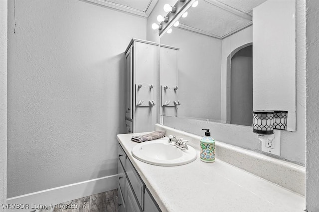 bathroom with hardwood / wood-style flooring and vanity