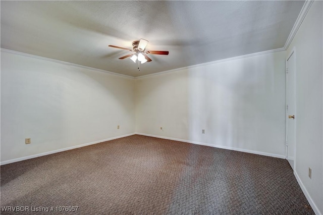 unfurnished room featuring carpet flooring, ceiling fan, and crown molding