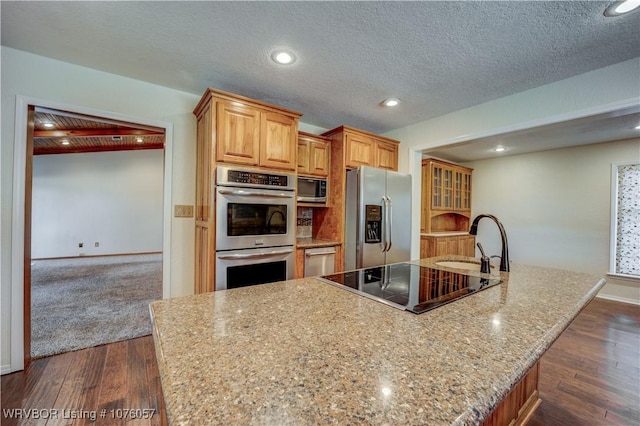 kitchen with light stone countertops, dark wood-type flooring, a large island with sink, a textured ceiling, and appliances with stainless steel finishes