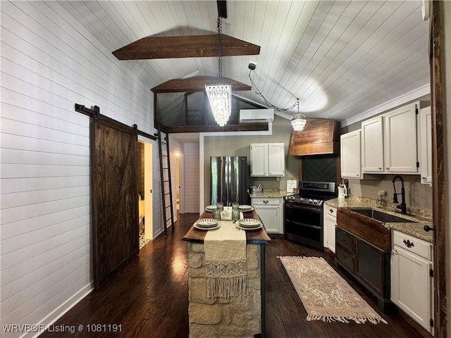 469497 975th Rd, Sallisaw, OK 74955 - kitchen with double oven range, freestanding refrigerator, a sink, light stone countertops, and wooden walls