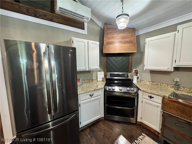469497 975th Rd, Sallisaw, OK 74955 - kitchen with stainless steel appliances, a wall unit AC, dark wood-style flooring, white cabinetry, and light stone counters
