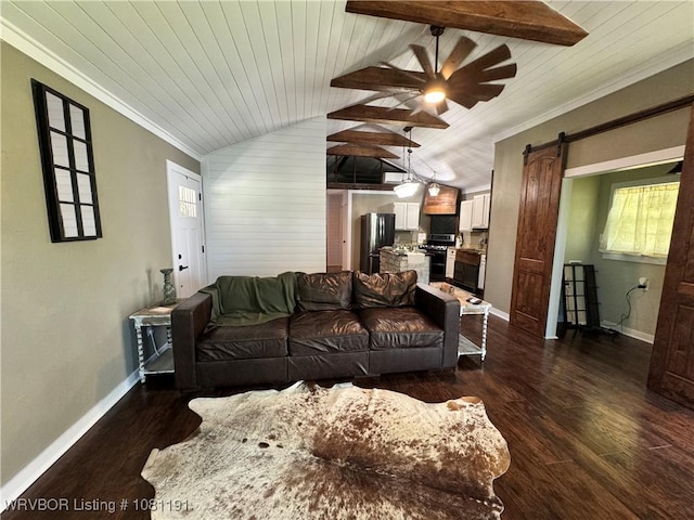 469497 975th Rd, Sallisaw, OK 74955 - living area featuring a ceiling fan, a barn door, ornamental molding, dark wood-style floors, and baseboards