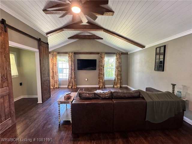 469497 975th Rd, Sallisaw, OK 74955 - living room with a barn door, wood ceiling, healthy amount of natural light, wood finished floors, and a ceiling fan