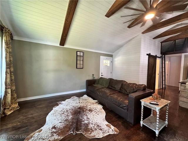 469497 975th Rd, Sallisaw, OK 74955 - living area featuring a barn door, baseboards, wood finished floors, and ceiling fan