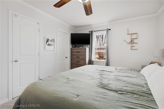 bedroom featuring crown molding and ceiling fan