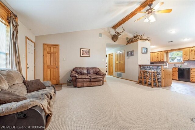 living room with light carpet, lofted ceiling with beams, and ceiling fan