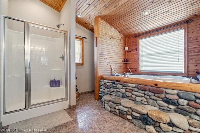 bathroom featuring lofted ceiling, wood ceiling, shower with separate bathtub, and wooden walls