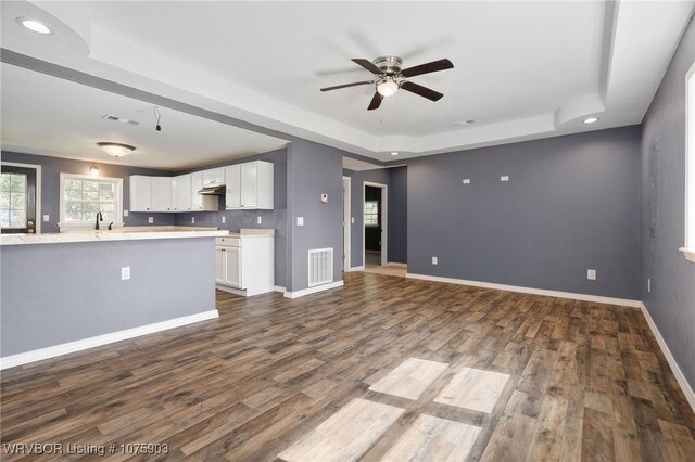 unfurnished living room with dark hardwood / wood-style flooring, a tray ceiling, ceiling fan, and sink