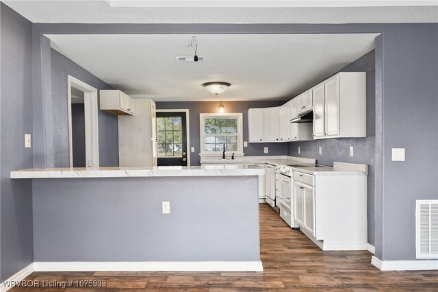 kitchen featuring dark wood-type flooring, white cabinets, sink, range with electric cooktop, and kitchen peninsula