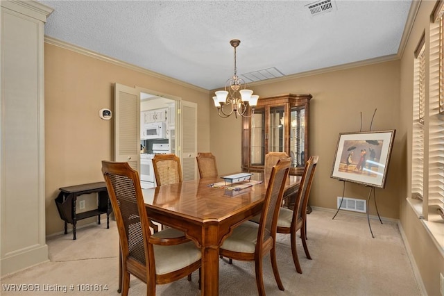 2508 Roxbury Ln, Fort Smith, AR 72908 - dining room featuring light carpet, a chandelier, crown molding, and a textured ceiling