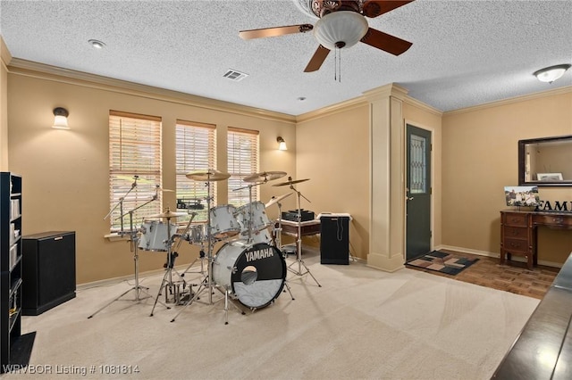 2508 Roxbury Ln, Fort Smith, AR 72908 - rec room with crown molding, ceiling fan, carpet flooring, and a textured ceiling