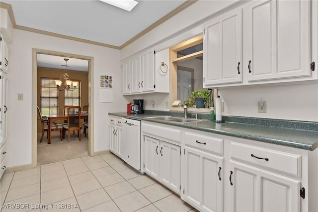 2508 Roxbury Ln, Fort Smith, AR 72908 - kitchen with white dishwasher, dark countertops, a chandelier, light colored carpet, and ornamental molding