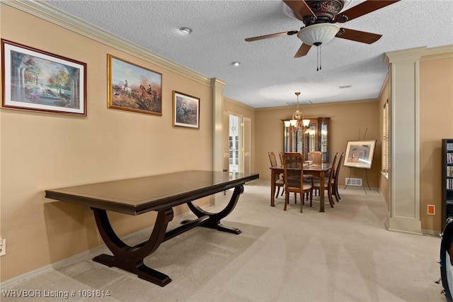 2508 Roxbury Ln, Fort Smith, AR 72908 - dining area featuring crown molding, light colored carpet, a chandelier, a textured ceiling, and a ceiling fan