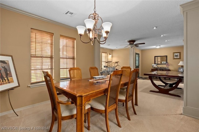 2508 Roxbury Ln, Fort Smith, AR 72908 - dining area with light carpet, a chandelier, ceiling fan, and ornamental molding